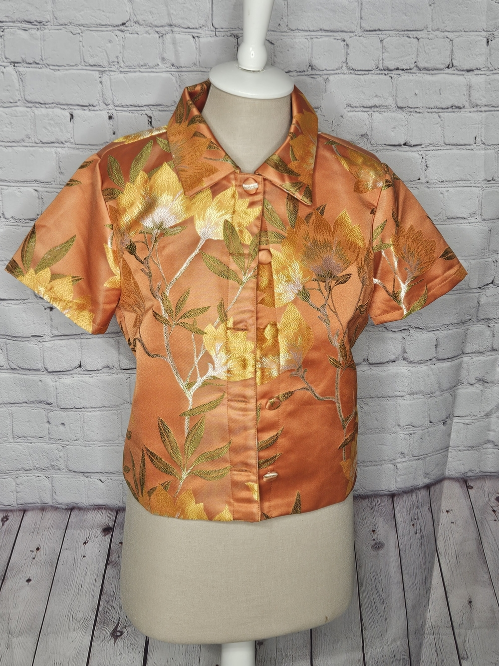 Lulu's Orange Satin Floral Short-Sleeve Button Down